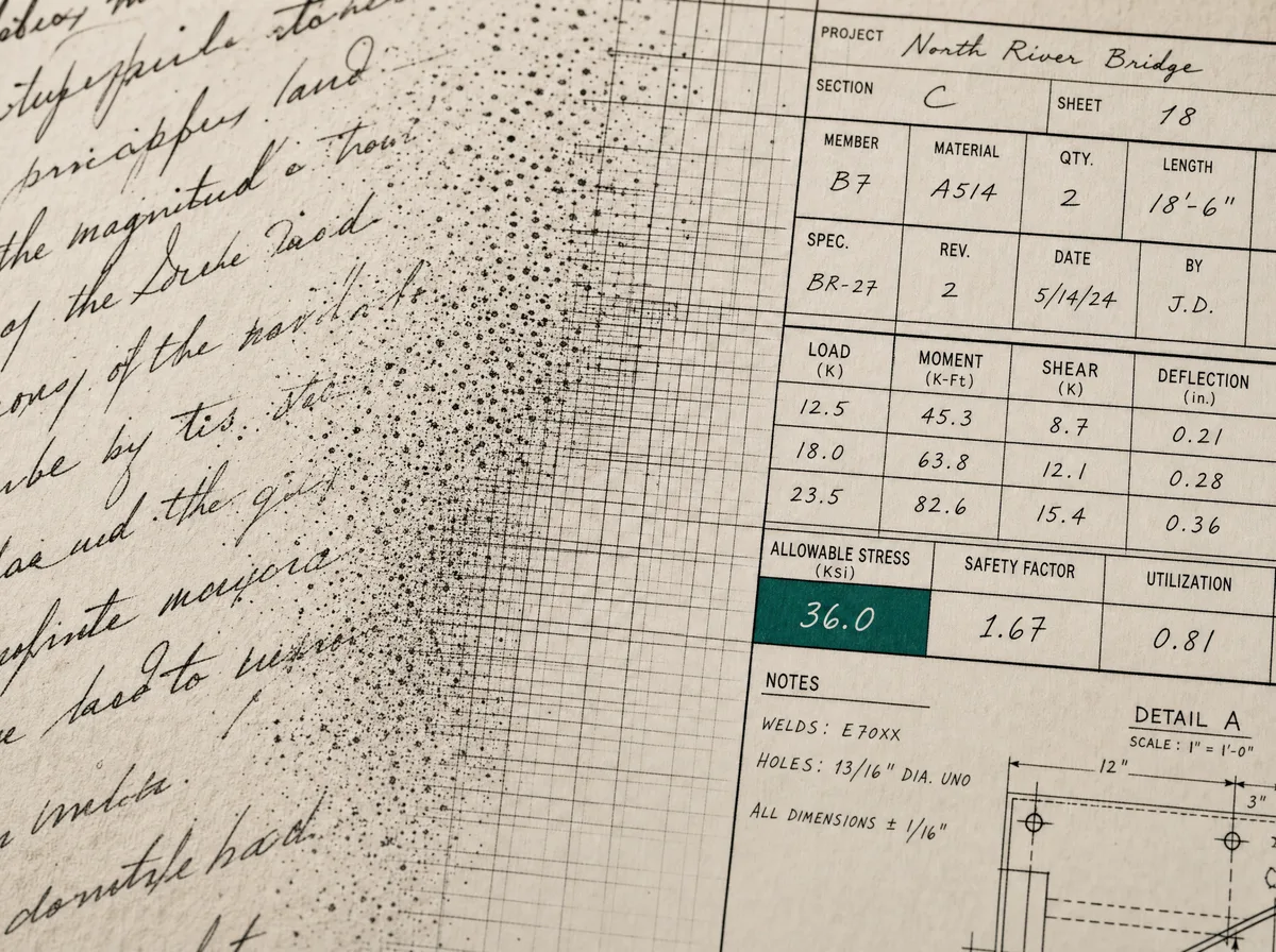 Macro shot: handwritten text on paper dissolving into a precise grid of structured data fields.