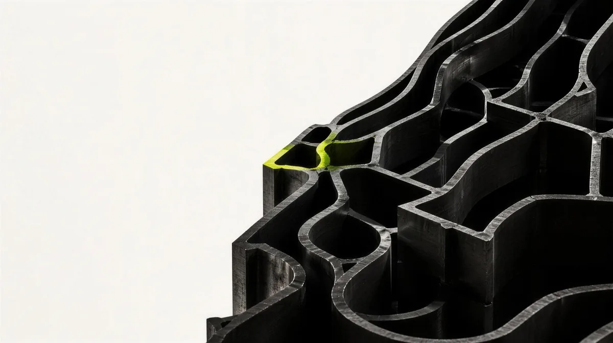 Precision-milled architectural lattice structure; a highlighted node marks an anomaly detected by the system.