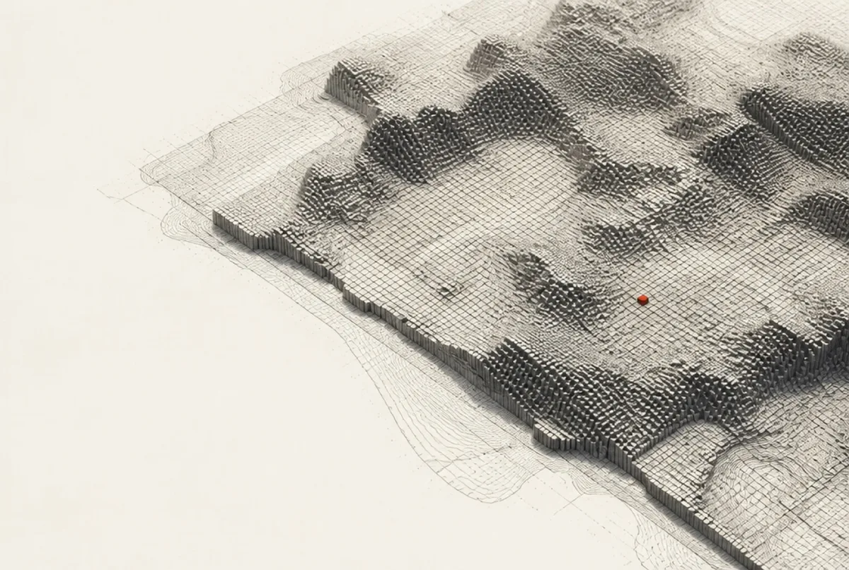 Topographic grid field with contour lines; a node is highlighted red as a detected anomaly.
