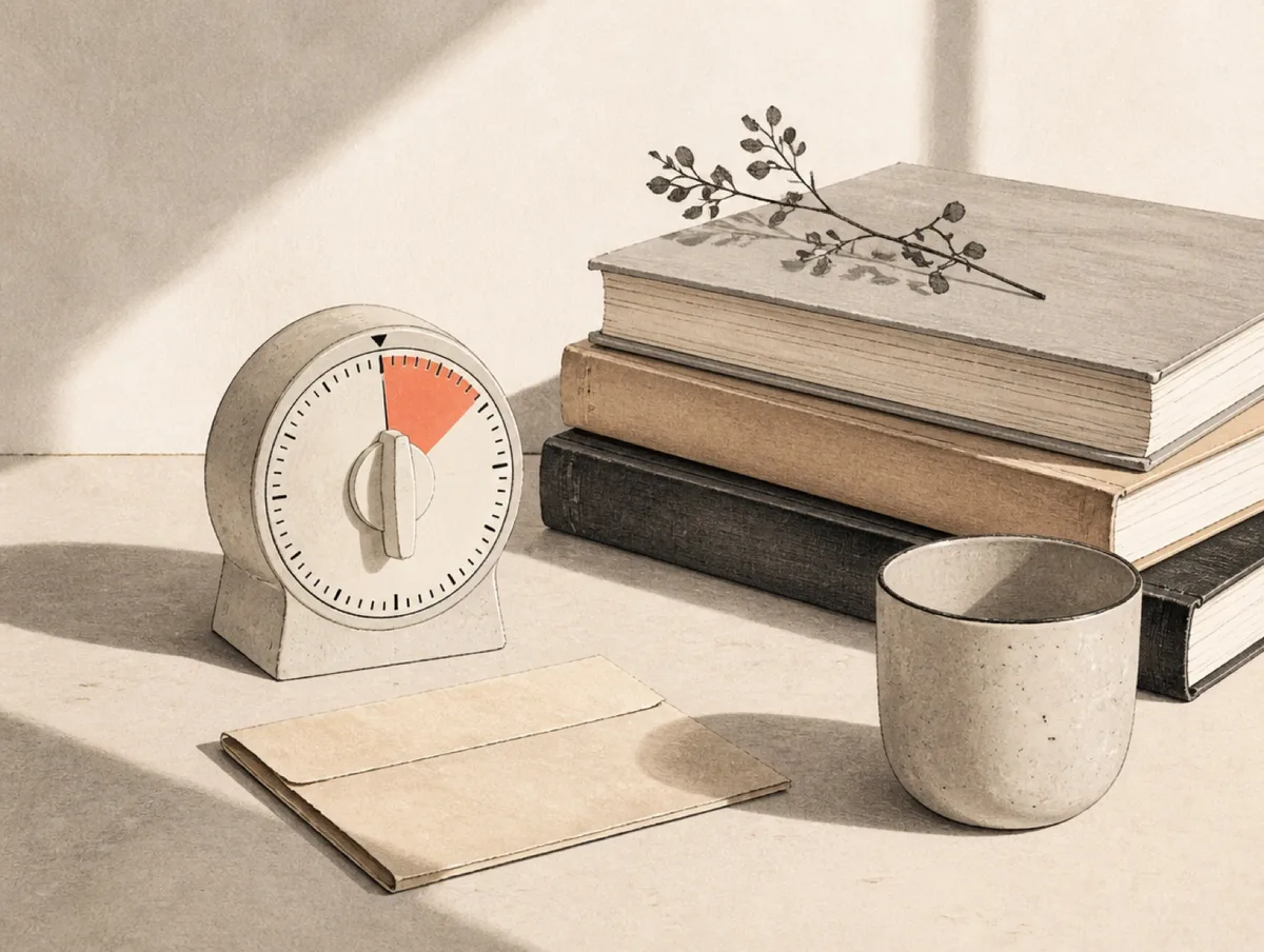 Warmly illustrated still life: an analog timer, books, a folded note — seven minutes without a screen.