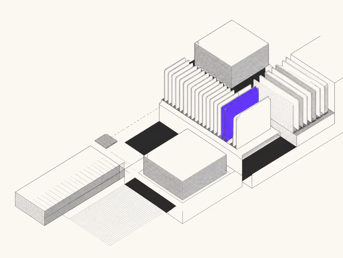 Isometric drawing: loose cards and receipts assembling into an ordered structure; one card is highlighted violet.